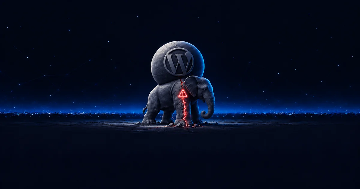Stone PHP elephant carrying a WordPress globe, split by a glowing red crack: the php2shell flaw