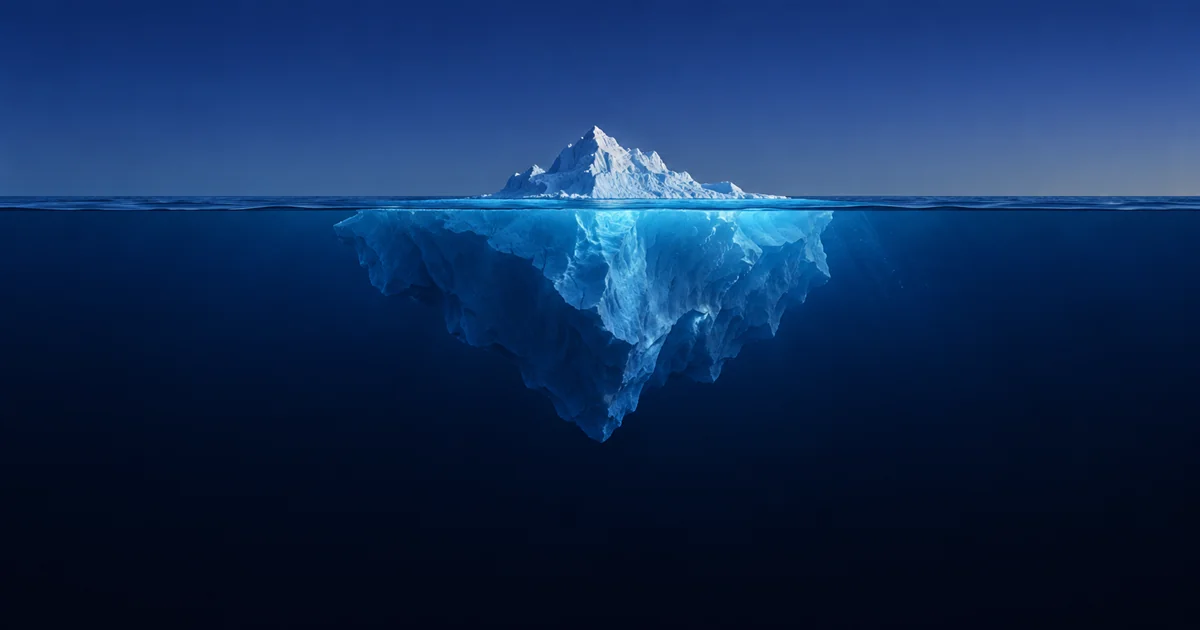Iceberg with a small tip above the waterline and a far larger mass below, like shadow IT in the age of AI