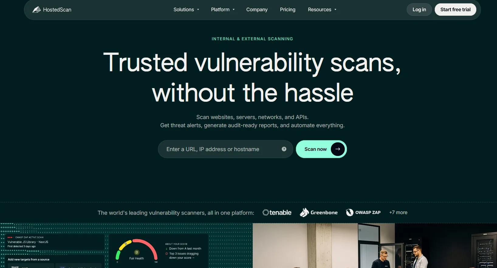 HostedScan homepage hero: "Trusted vulnerability scans, without the hassle", with a scan box and the scanners it bundles, including Tenable, Greenbone and OWASP ZAP
