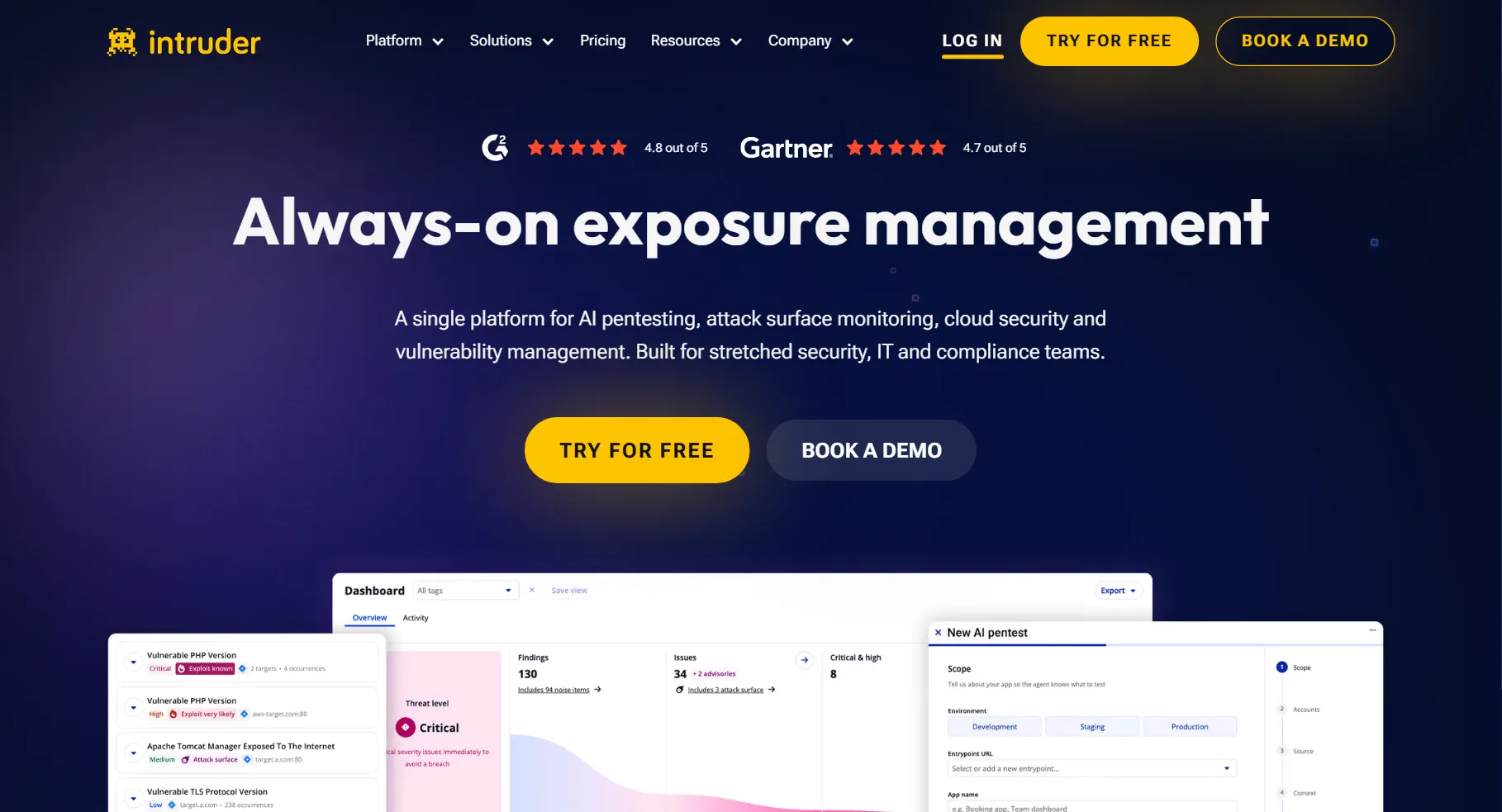 Intruder homepage hero: "Always-on exposure management", described as a single platform for AI pentesting, attack surface monitoring, cloud security and vulnerability management, above a dashboard preview