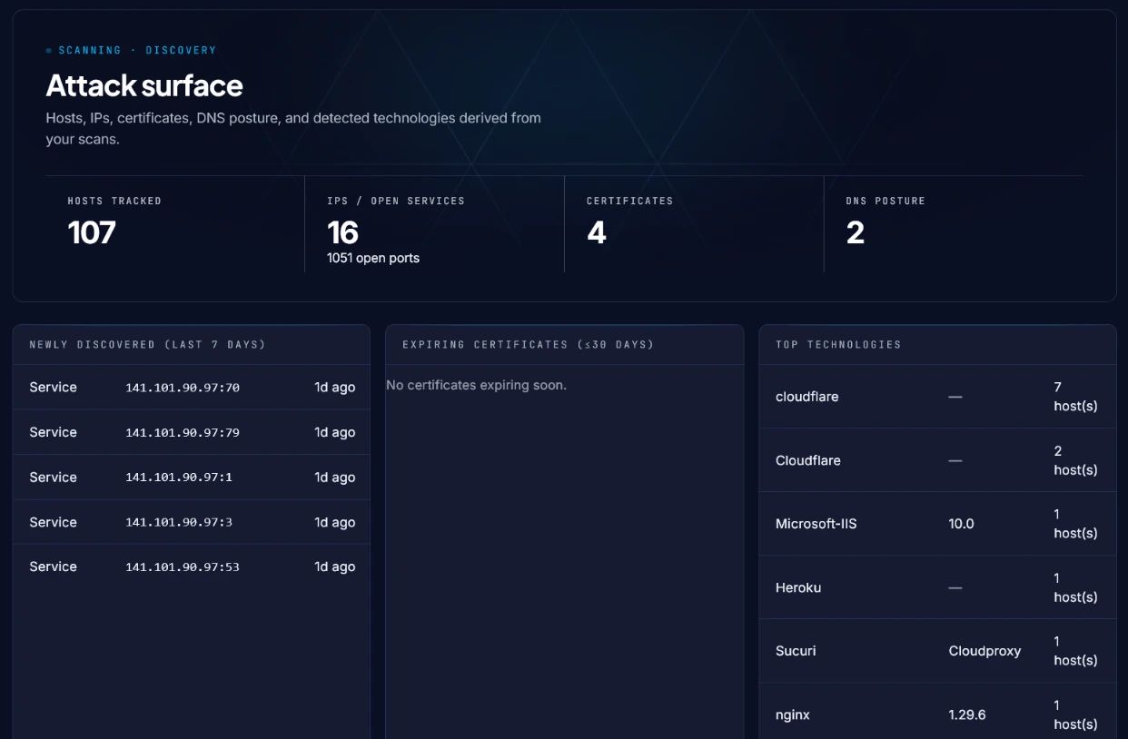 Vornin attack surface: hosts tracked, open services and newly discovered assets