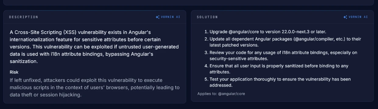 Vornin AI remediation guidance: numbered upgrade steps