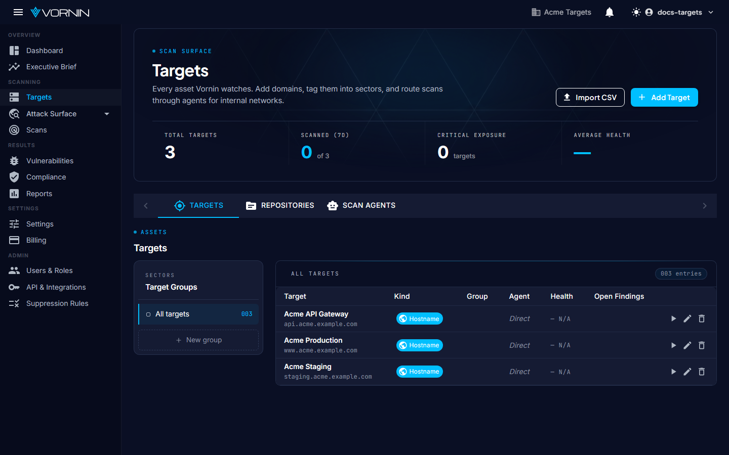 Targets list page with three example targets