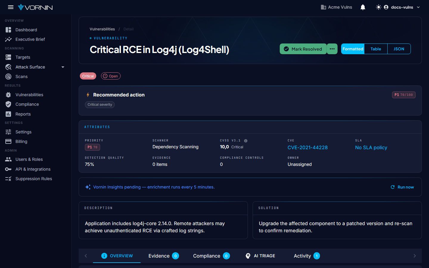 Vulnerability detail page showing lifecycle and evidence