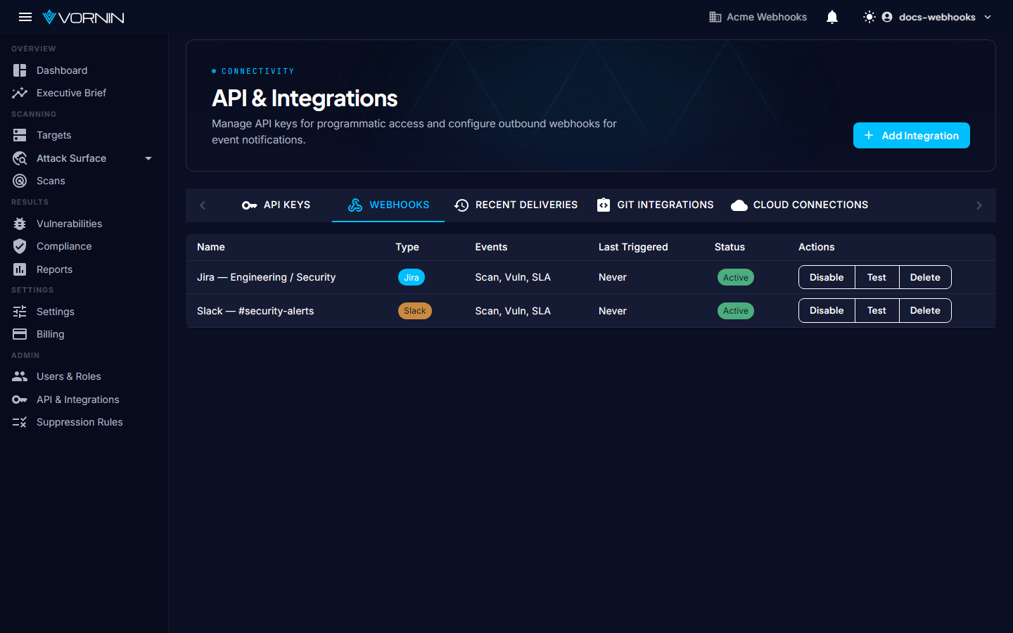 Webhooks admin page