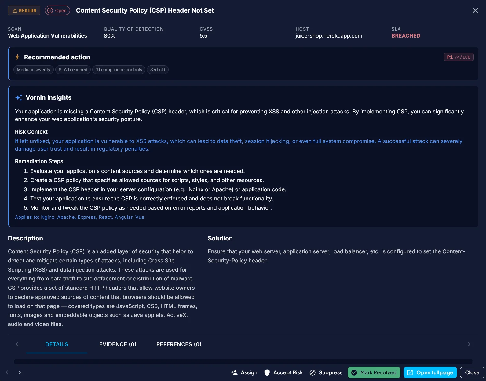 Vornin finding detail with AI triage and remediation guidance: exploitability, priority, business impact, and confidence.