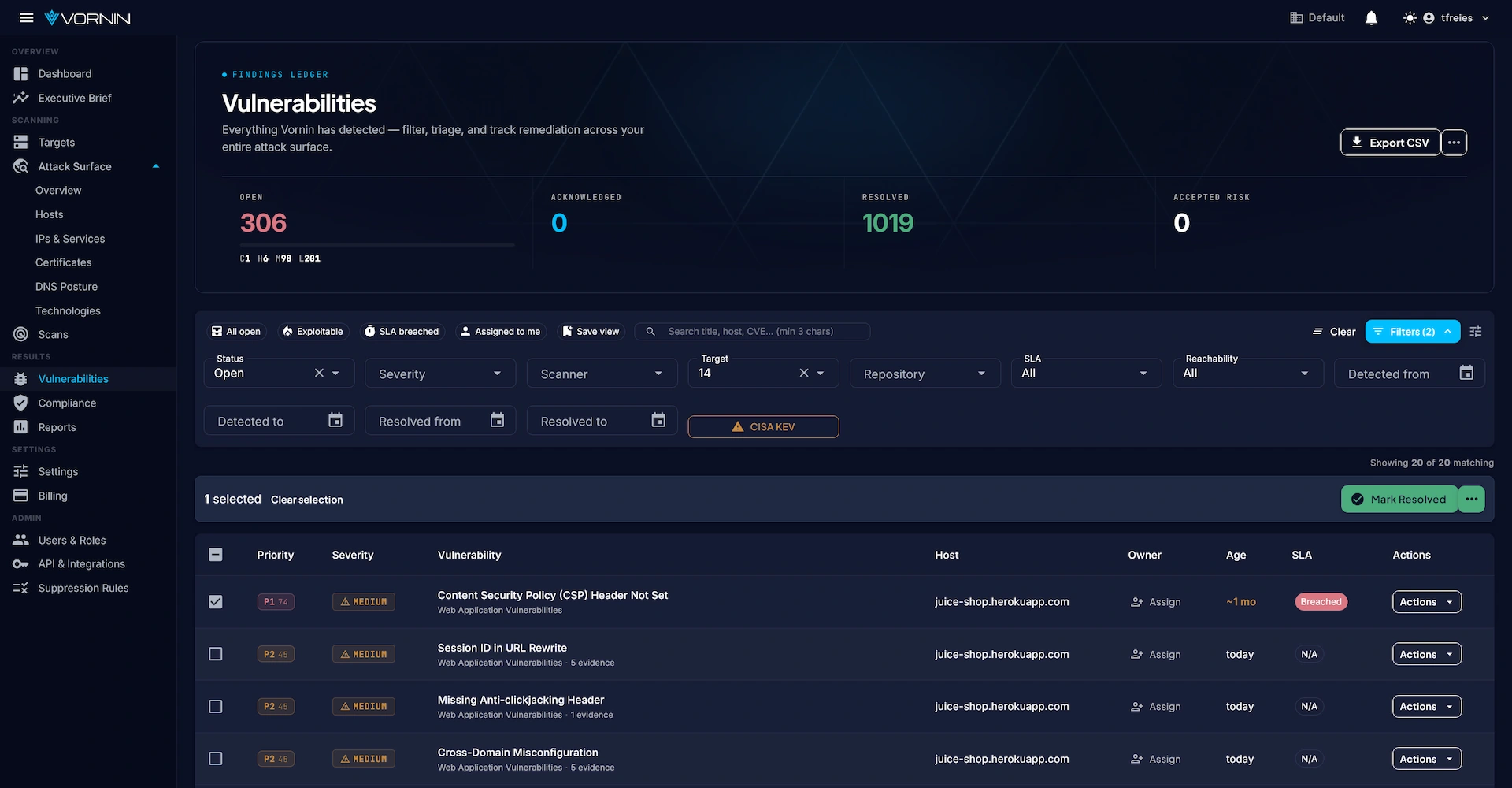 Vornin vulnerability overview listing web findings with severity, status, and filtering controls.